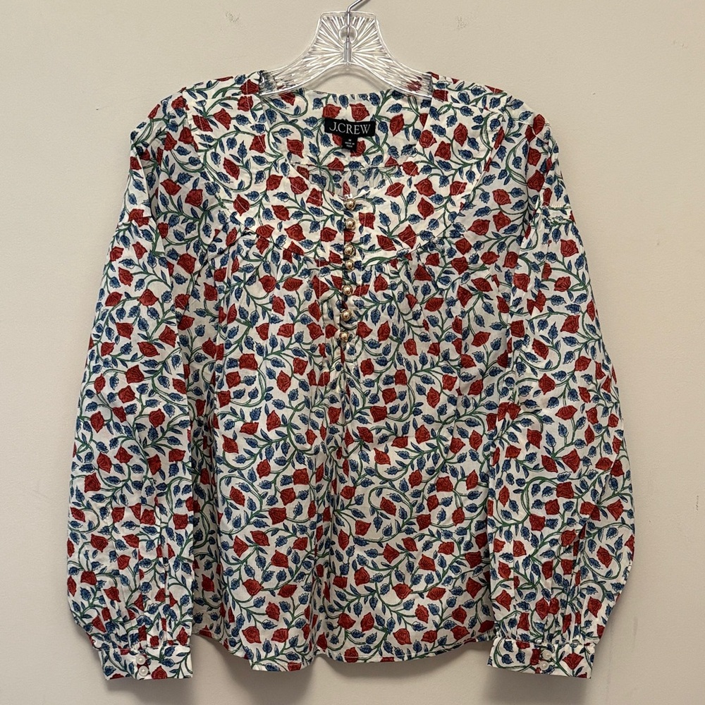 J. Crew Women's Floral Popover Blouse - Red/Rust and Blue